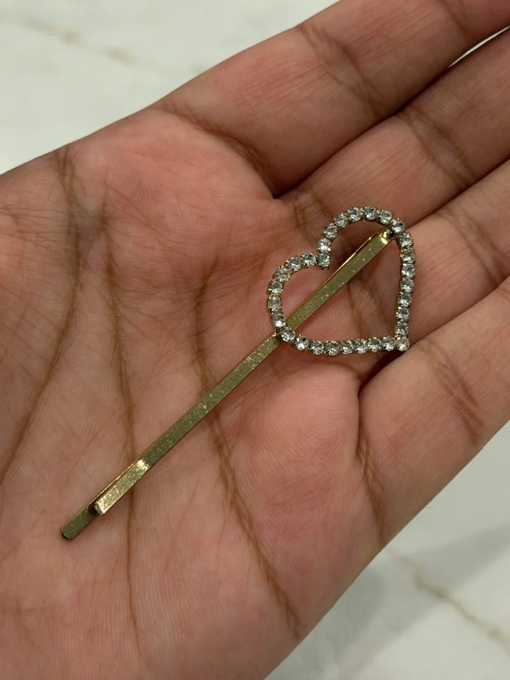 Dainty Rhinestone Heart Bobby Pin Gold Tone Thin Hair Clip